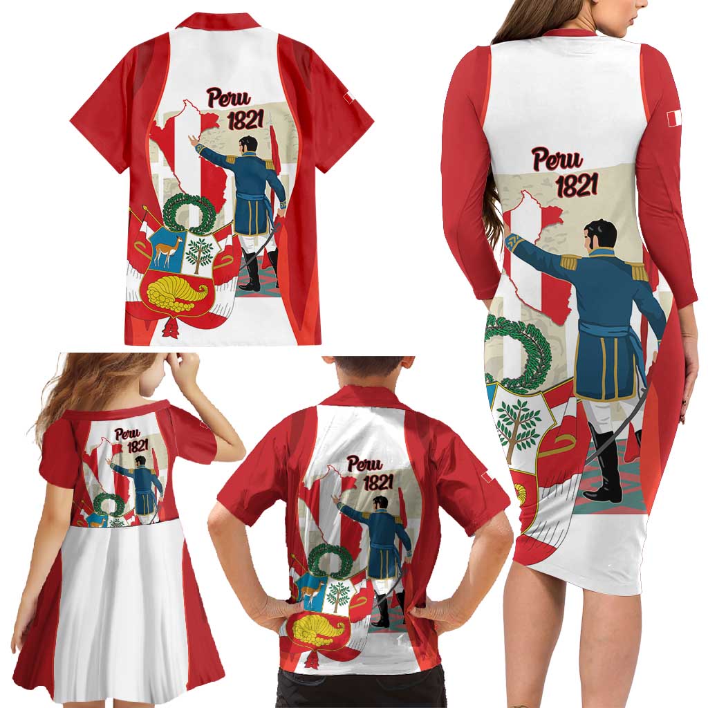 Peru Independence Day Family Matching Long Sleeve Bodycon Dress and Hawaiian Shirt Jose de San Martin Fiestas Patrias