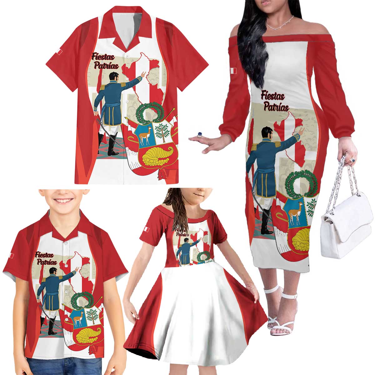 Peru Independence Day Family Matching Off The Shoulder Long Sleeve Dress and Hawaiian Shirt Jose de San Martin Fiestas Patrias