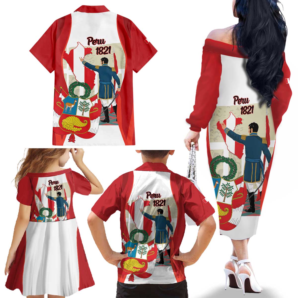 Peru Independence Day Family Matching Off The Shoulder Long Sleeve Dress and Hawaiian Shirt Jose de San Martin Fiestas Patrias