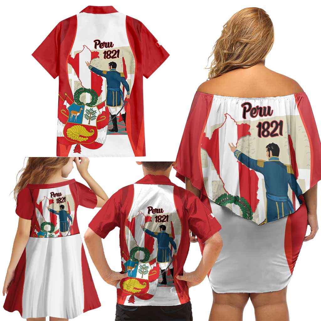 Peru Independence Day Family Matching Off Shoulder Short Dress and Hawaiian Shirt Jose de San Martin Fiestas Patrias