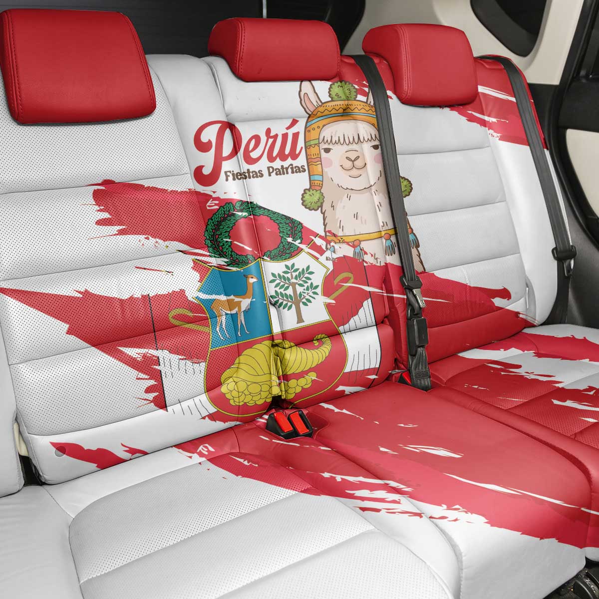 Fiestas Patrias de Peru Back Car Seat Cover Coat Of Arms With Cute Alpaca Face