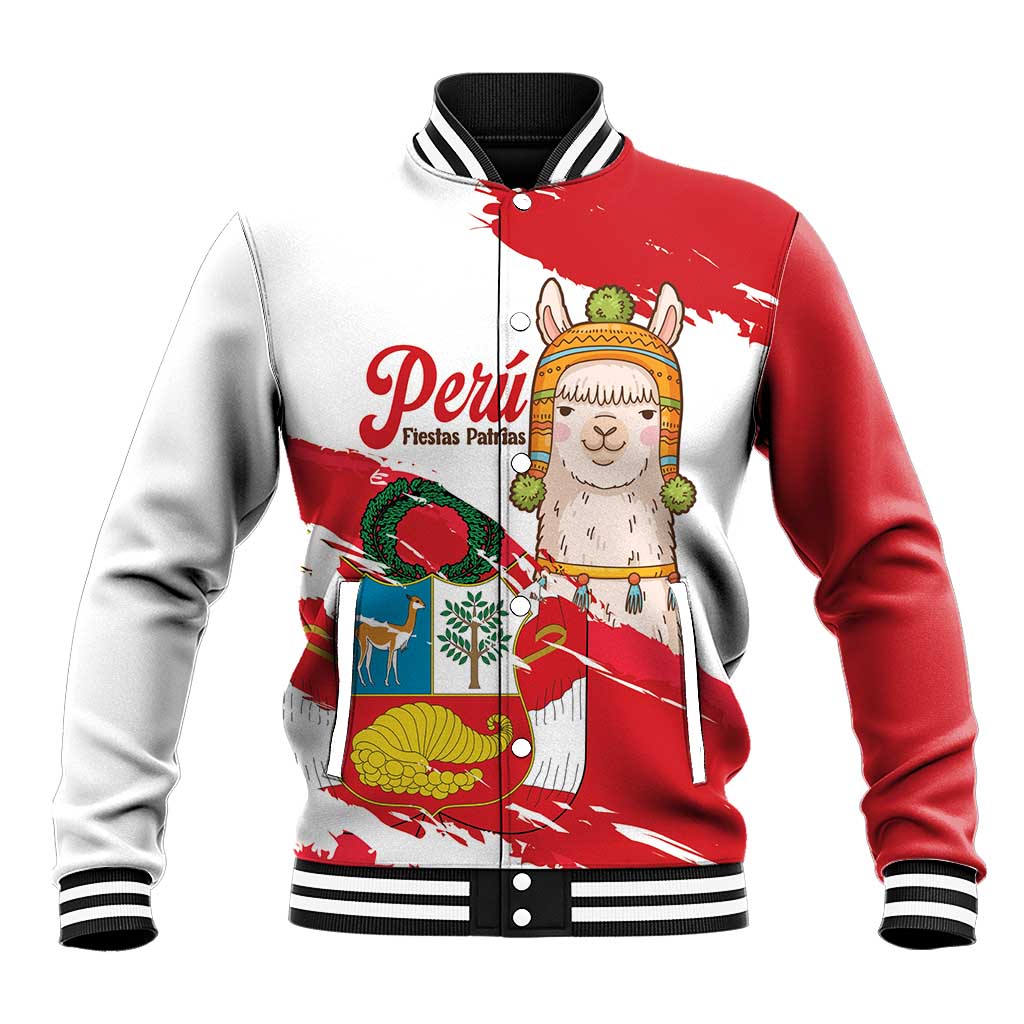 Fiestas Patrias de Peru Baseball Jacket Coat Of Arms With Cute Alpaca Face