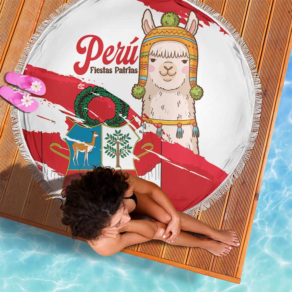 Fiestas Patrias de Peru Beach Blanket Coat Of Arms With Cute Alpaca Face