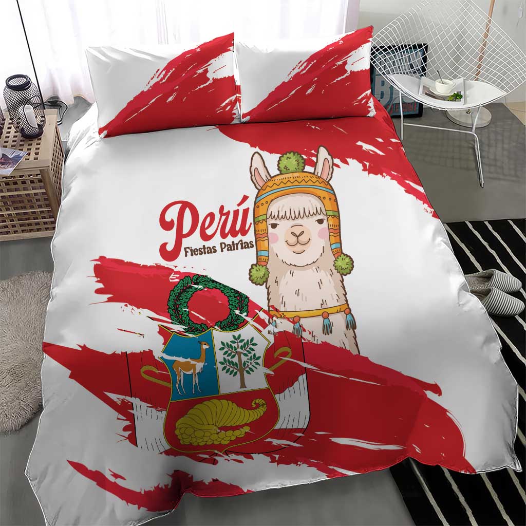Fiestas Patrias de Peru Bedding Set Coat Of Arms With Cute Alpaca Face