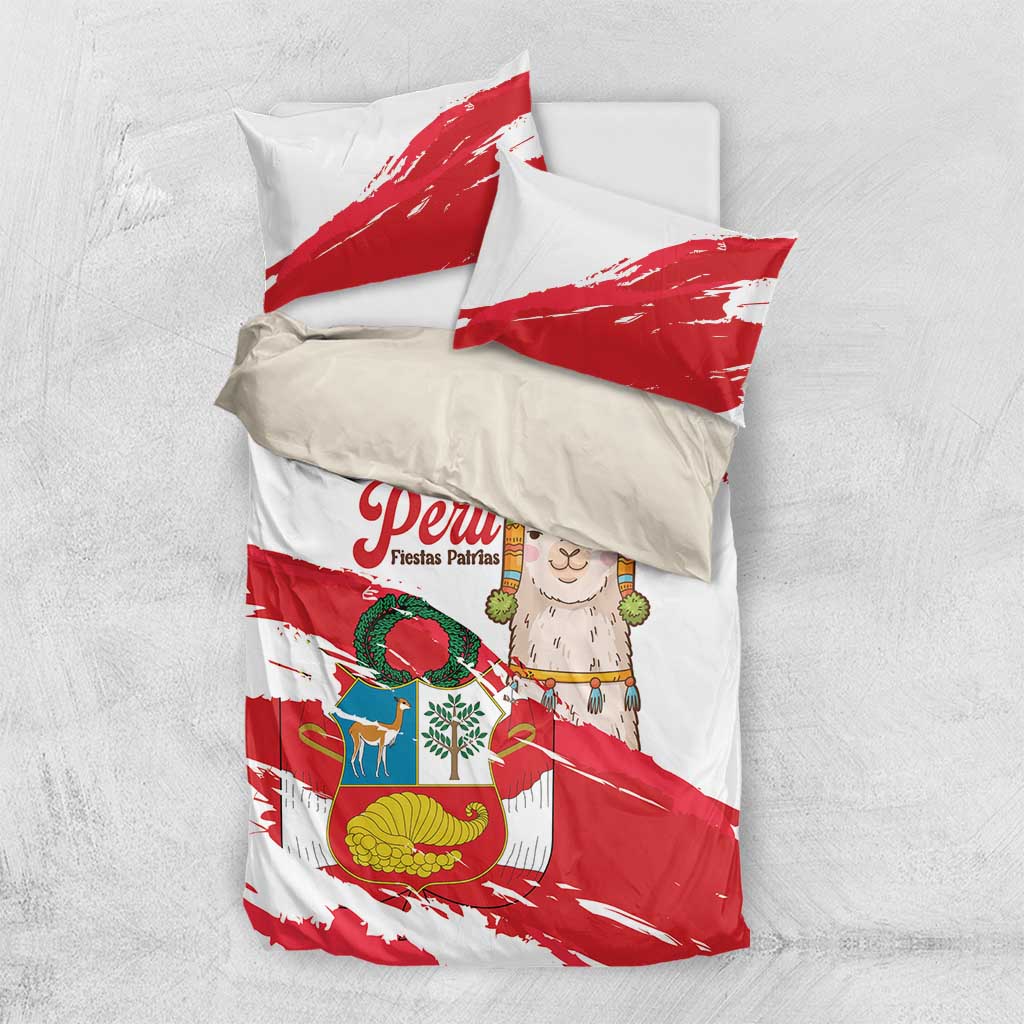 Fiestas Patrias de Peru Bedding Set Coat Of Arms With Cute Alpaca Face