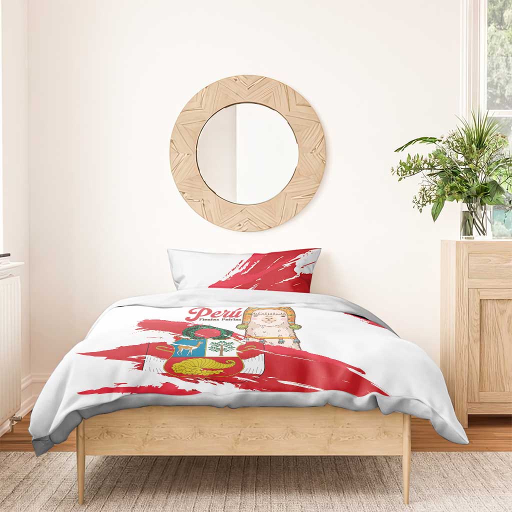 Fiestas Patrias de Peru Bedding Set Coat Of Arms With Cute Alpaca Face