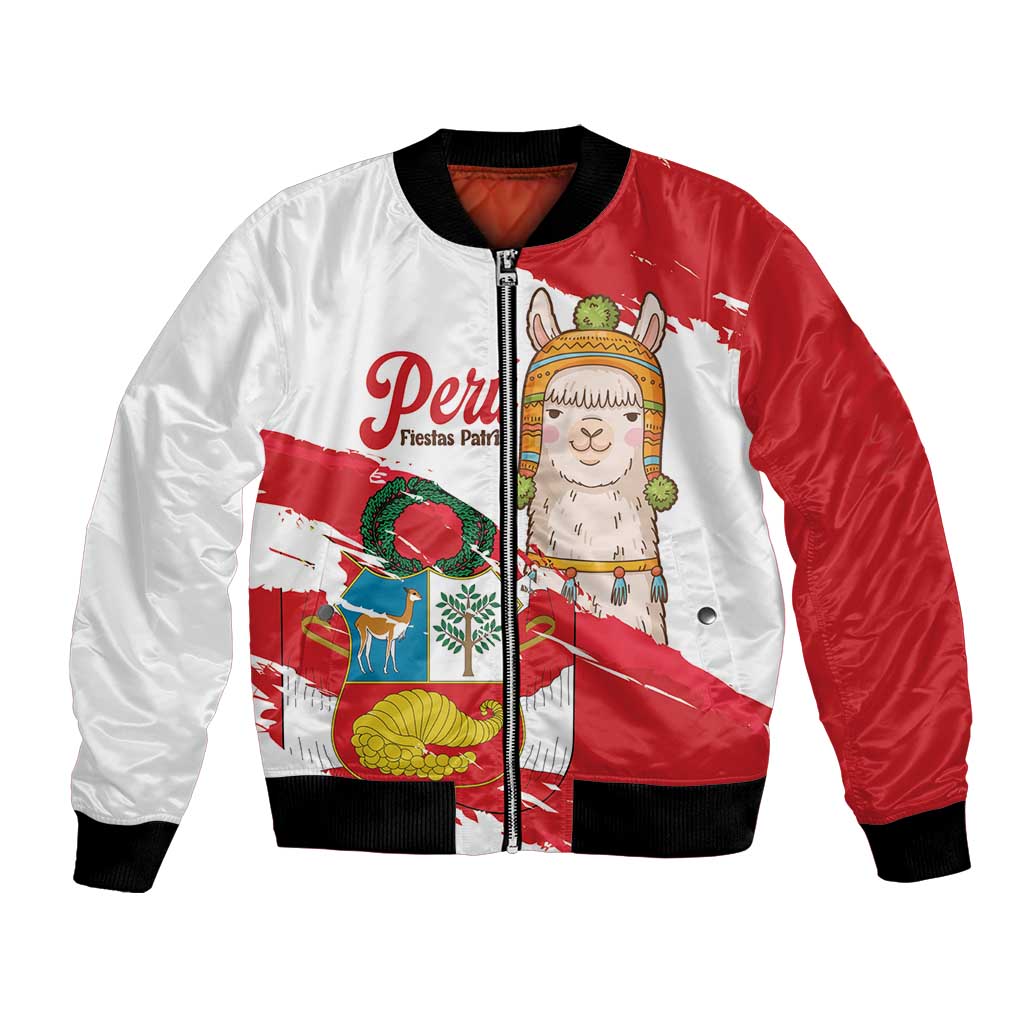 Fiestas Patrias de Peru Bomber Jacket Coat Of Arms With Cute Alpaca Face
