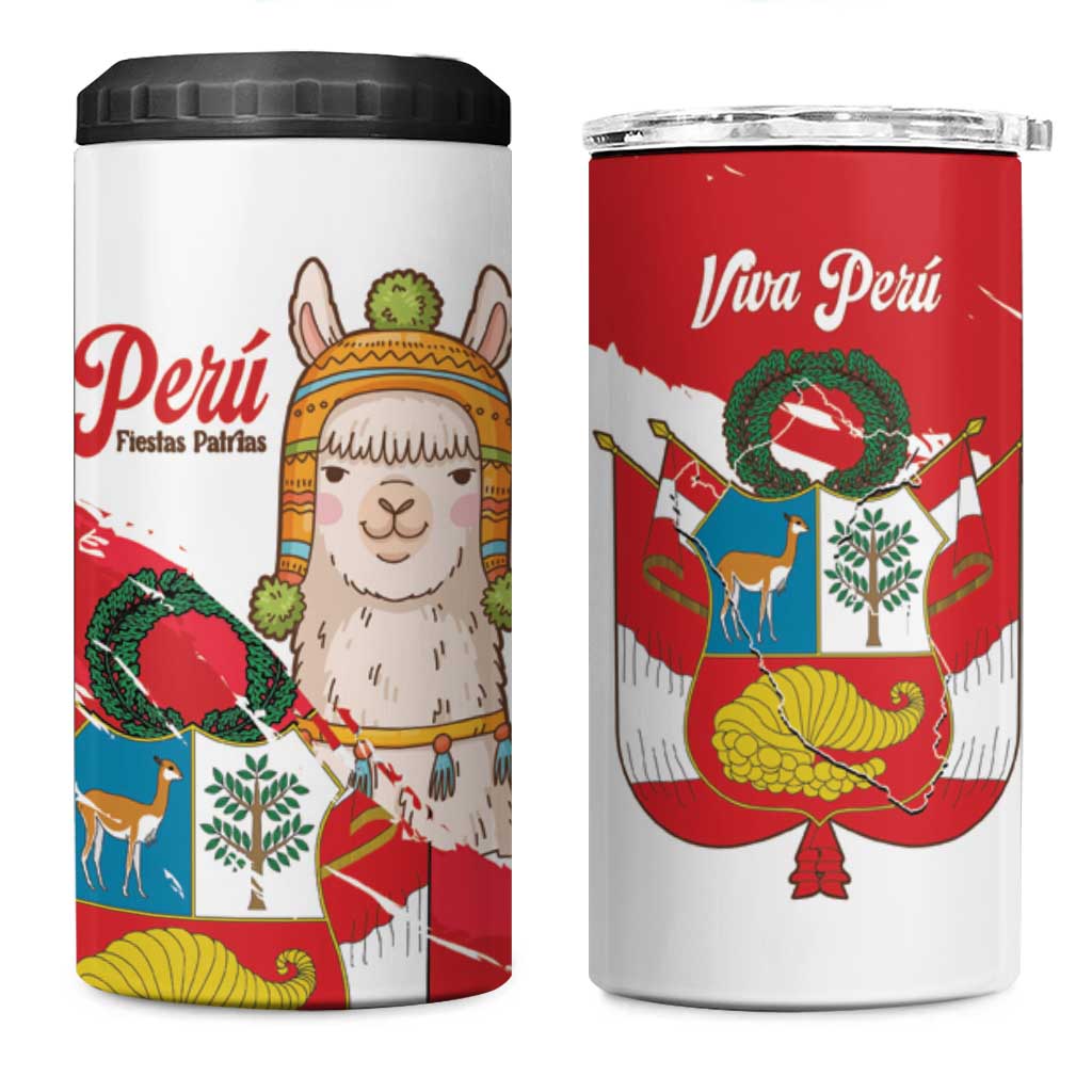Fiestas Patrias de Peru 4 in 1 Can Cooler Tumbler Coat Of Arms With Cute Alpaca Face