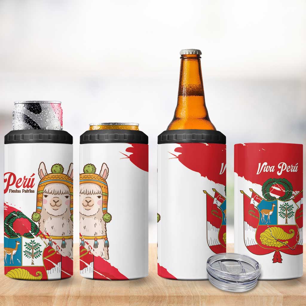 Fiestas Patrias de Peru 4 in 1 Can Cooler Tumbler Coat Of Arms With Cute Alpaca Face