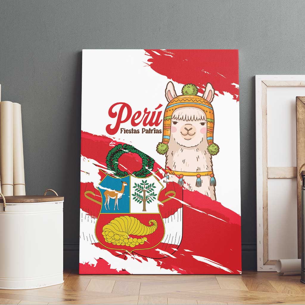 Fiestas Patrias de Peru Canvas Wall Art Coat Of Arms With Cute Alpaca Face