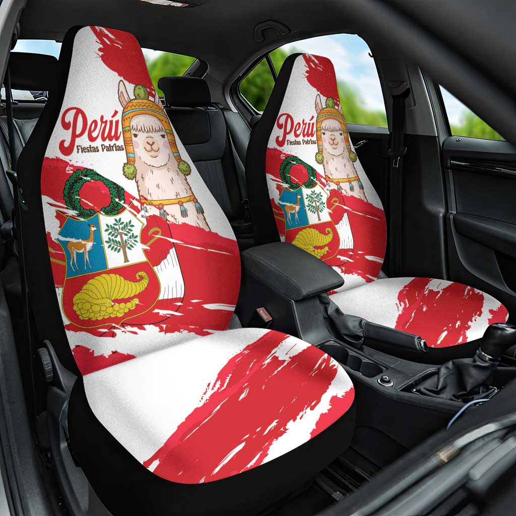 Fiestas Patrias de Peru Car Seat Cover Coat Of Arms With Cute Alpaca Face