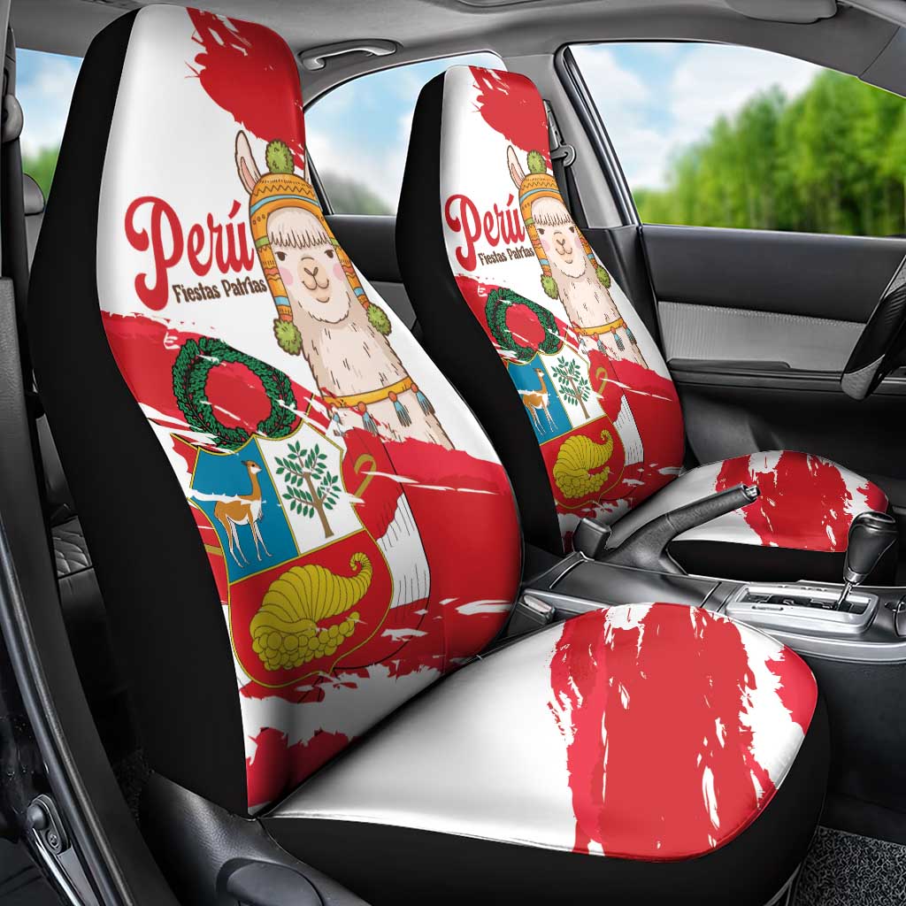 Fiestas Patrias de Peru Car Seat Cover Coat Of Arms With Cute Alpaca Face