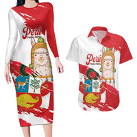 Fiestas Patrias de Peru Couples Matching Long Sleeve Bodycon Dress and Hawaiian Shirt Coat Of Arms With Cute Alpaca Face