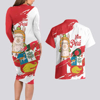 Fiestas Patrias de Peru Couples Matching Long Sleeve Bodycon Dress and Hawaiian Shirt Coat Of Arms With Cute Alpaca Face