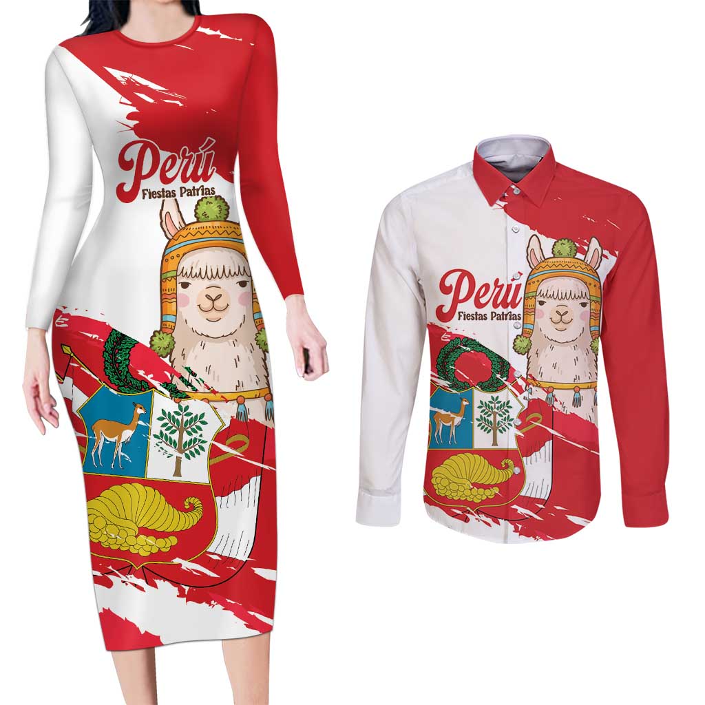 Fiestas Patrias de Peru Couples Matching Long Sleeve Bodycon Dress and Long Sleeve Button Shirt Coat Of Arms With Cute Alpaca Face