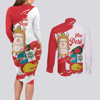 Fiestas Patrias de Peru Couples Matching Long Sleeve Bodycon Dress and Long Sleeve Button Shirt Coat Of Arms With Cute Alpaca Face