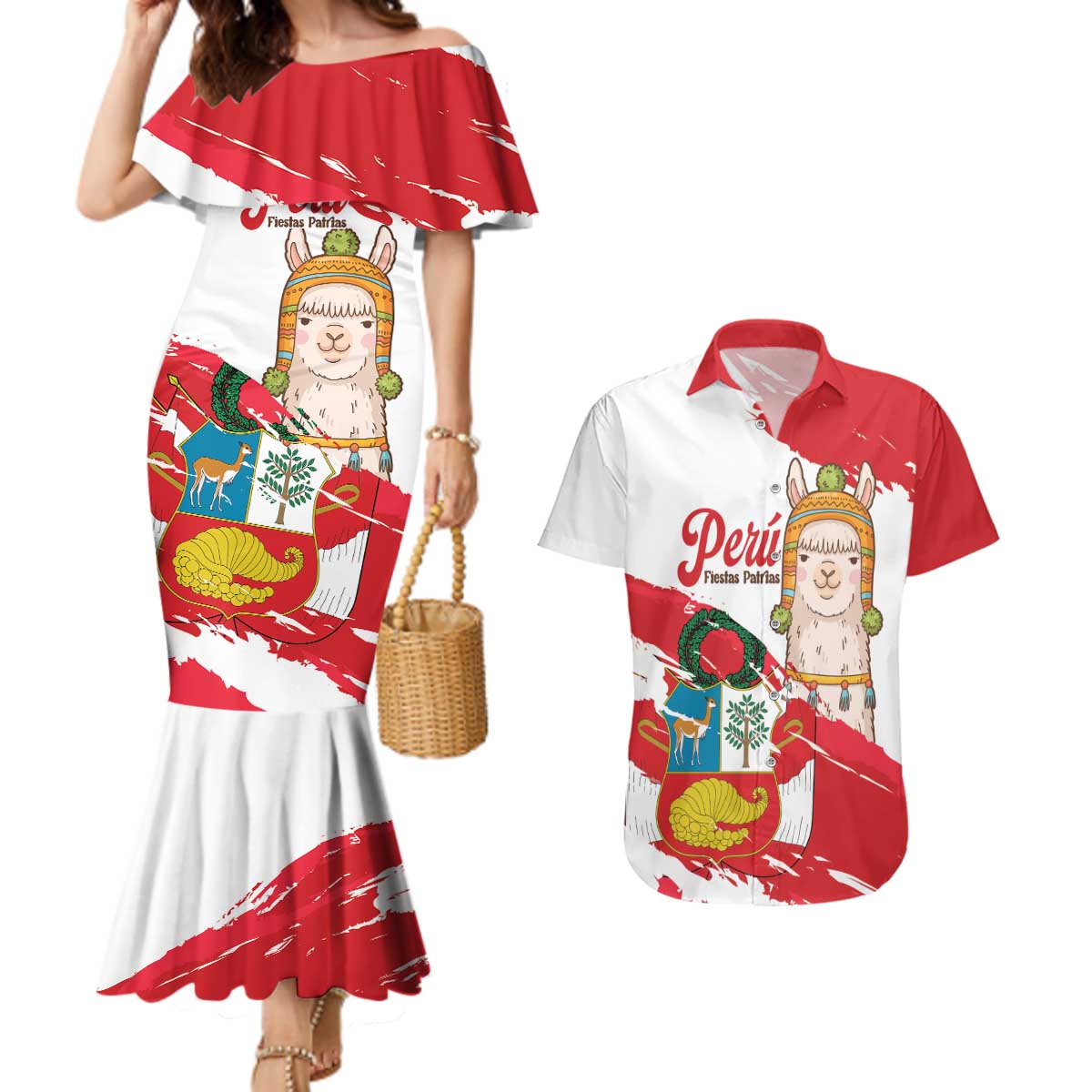 Fiestas Patrias de Peru Couples Matching Mermaid Dress and Hawaiian Shirt Coat Of Arms With Cute Alpaca Face