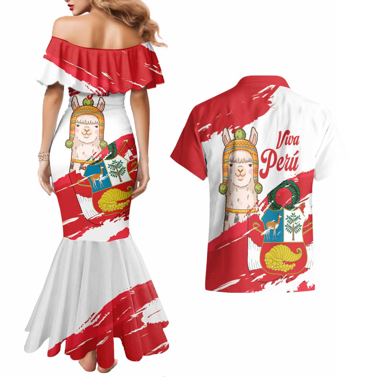 Fiestas Patrias de Peru Couples Matching Mermaid Dress and Hawaiian Shirt Coat Of Arms With Cute Alpaca Face