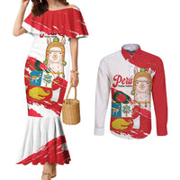 Fiestas Patrias de Peru Couples Matching Mermaid Dress and Long Sleeve Button Shirt Coat Of Arms With Cute Alpaca Face