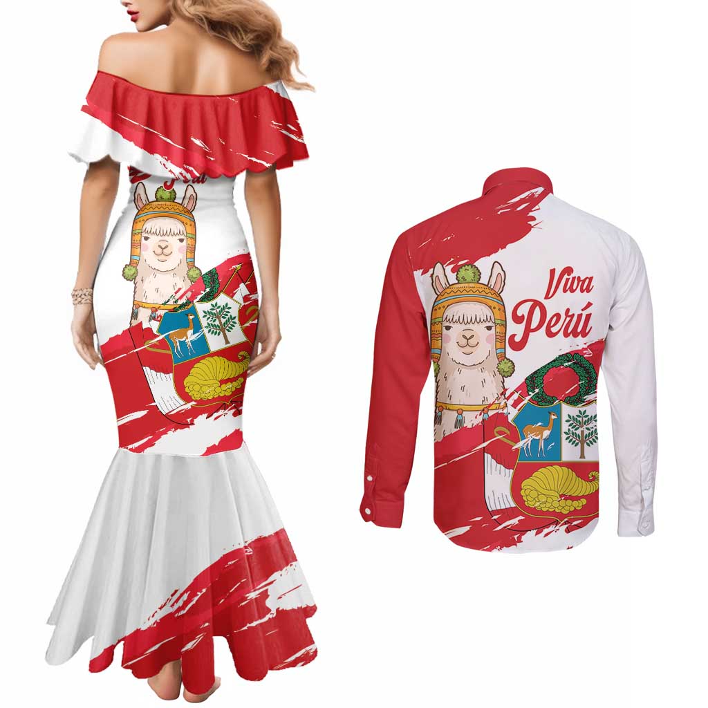 Fiestas Patrias de Peru Couples Matching Mermaid Dress and Long Sleeve Button Shirt Coat Of Arms With Cute Alpaca Face