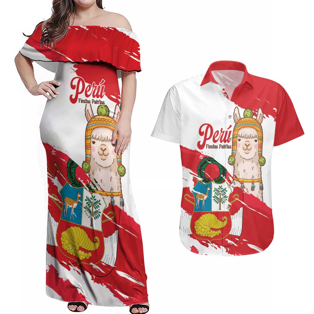 Fiestas Patrias de Peru Couples Matching Off Shoulder Maxi Dress and Hawaiian Shirt Coat Of Arms With Cute Alpaca Face