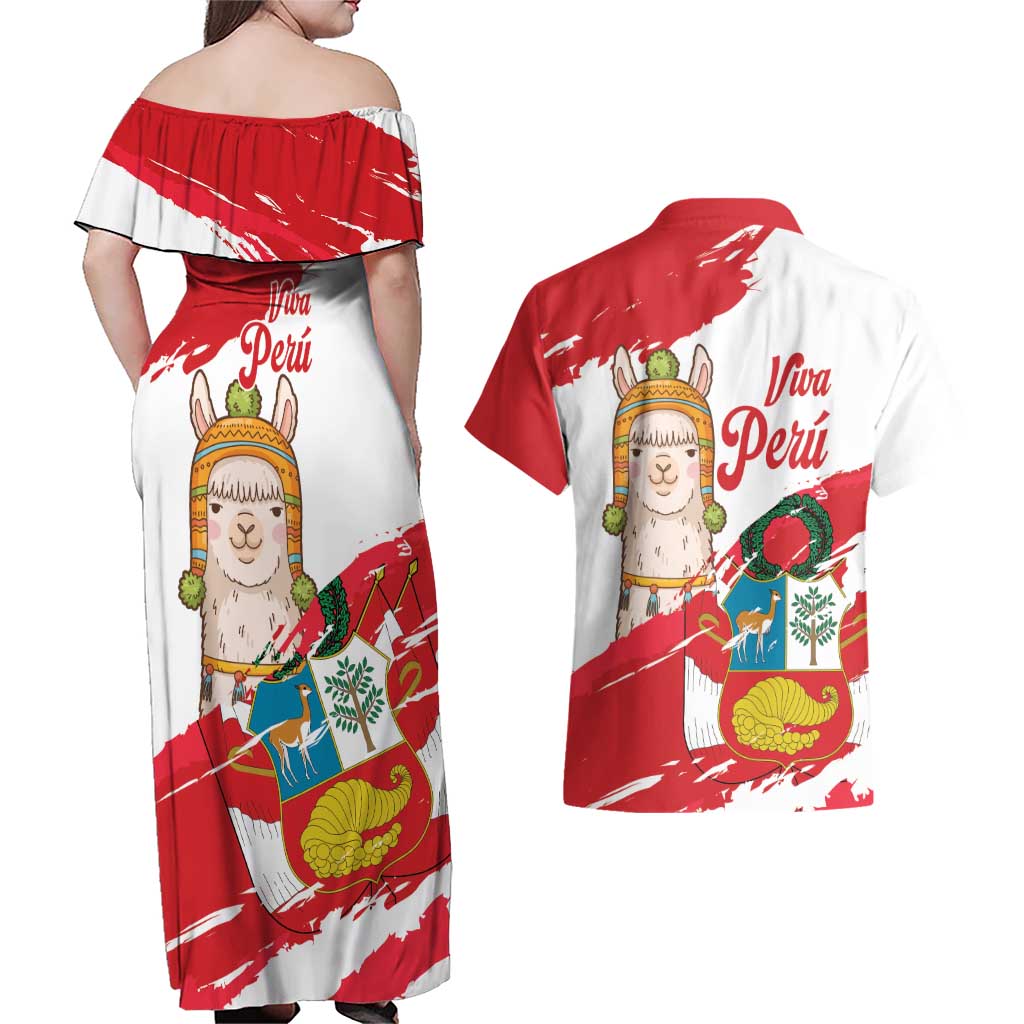 Fiestas Patrias de Peru Couples Matching Off Shoulder Maxi Dress and Hawaiian Shirt Coat Of Arms With Cute Alpaca Face