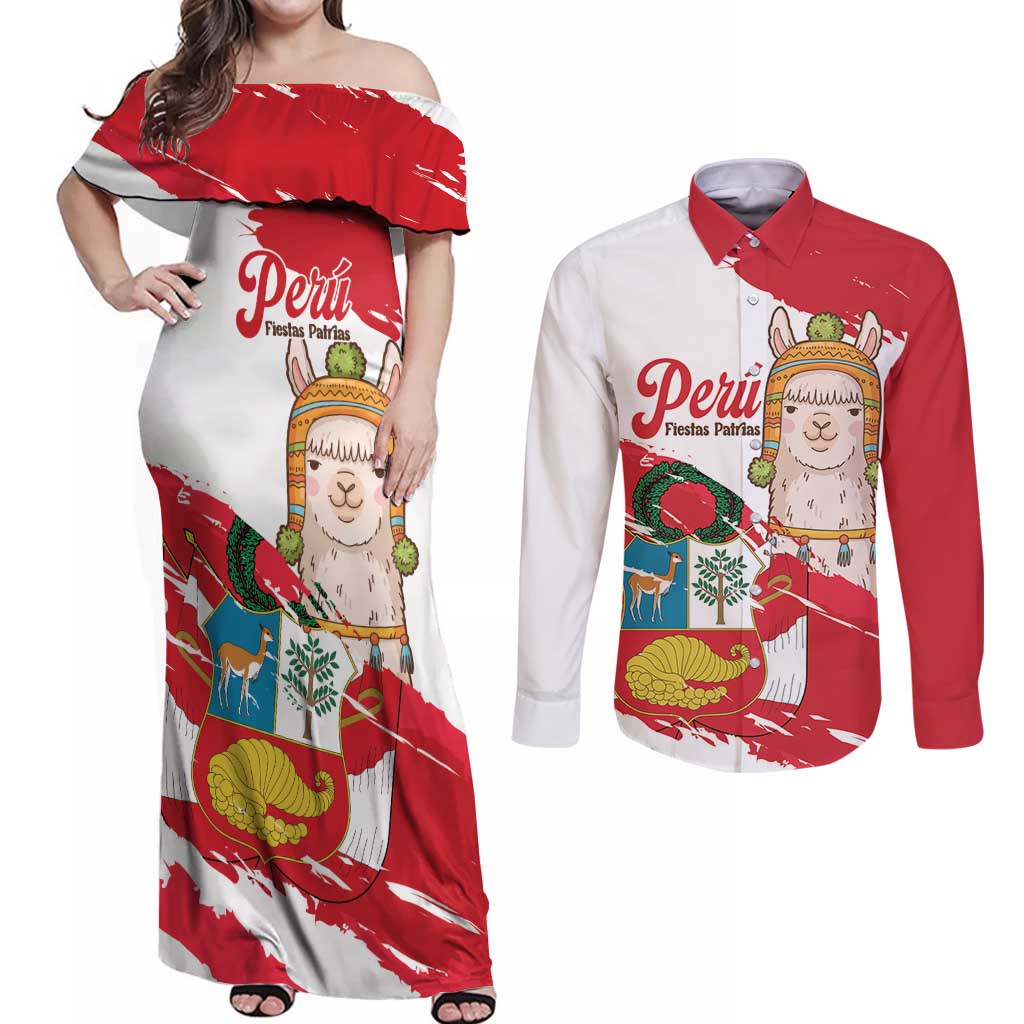 Fiestas Patrias de Peru Couples Matching Off Shoulder Maxi Dress and Long Sleeve Button Shirt Coat Of Arms With Cute Alpaca Face