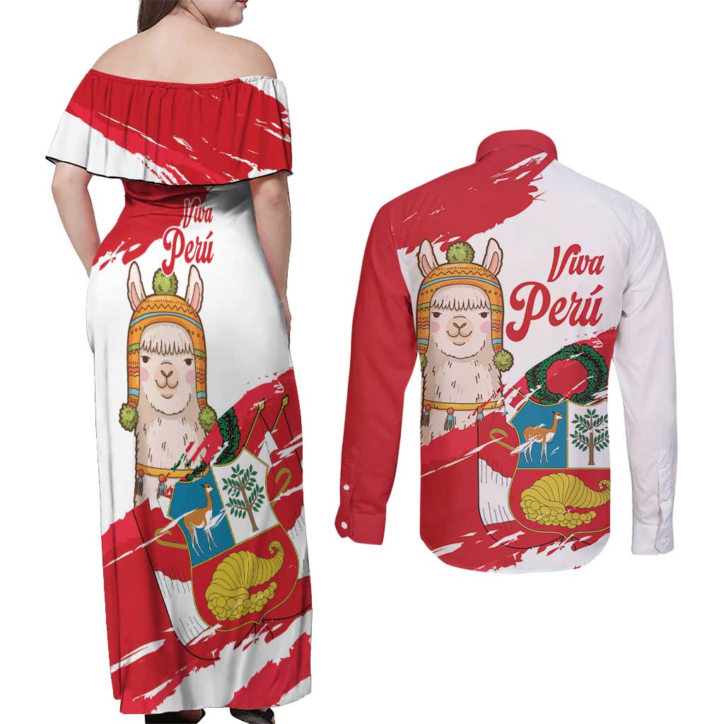 Fiestas Patrias de Peru Couples Matching Off Shoulder Maxi Dress and Long Sleeve Button Shirt Coat Of Arms With Cute Alpaca Face