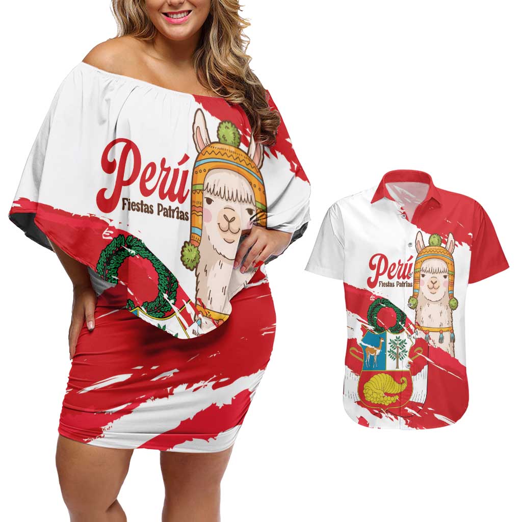 Fiestas Patrias de Peru Couples Matching Off Shoulder Short Dress and Hawaiian Shirt Coat Of Arms With Cute Alpaca Face