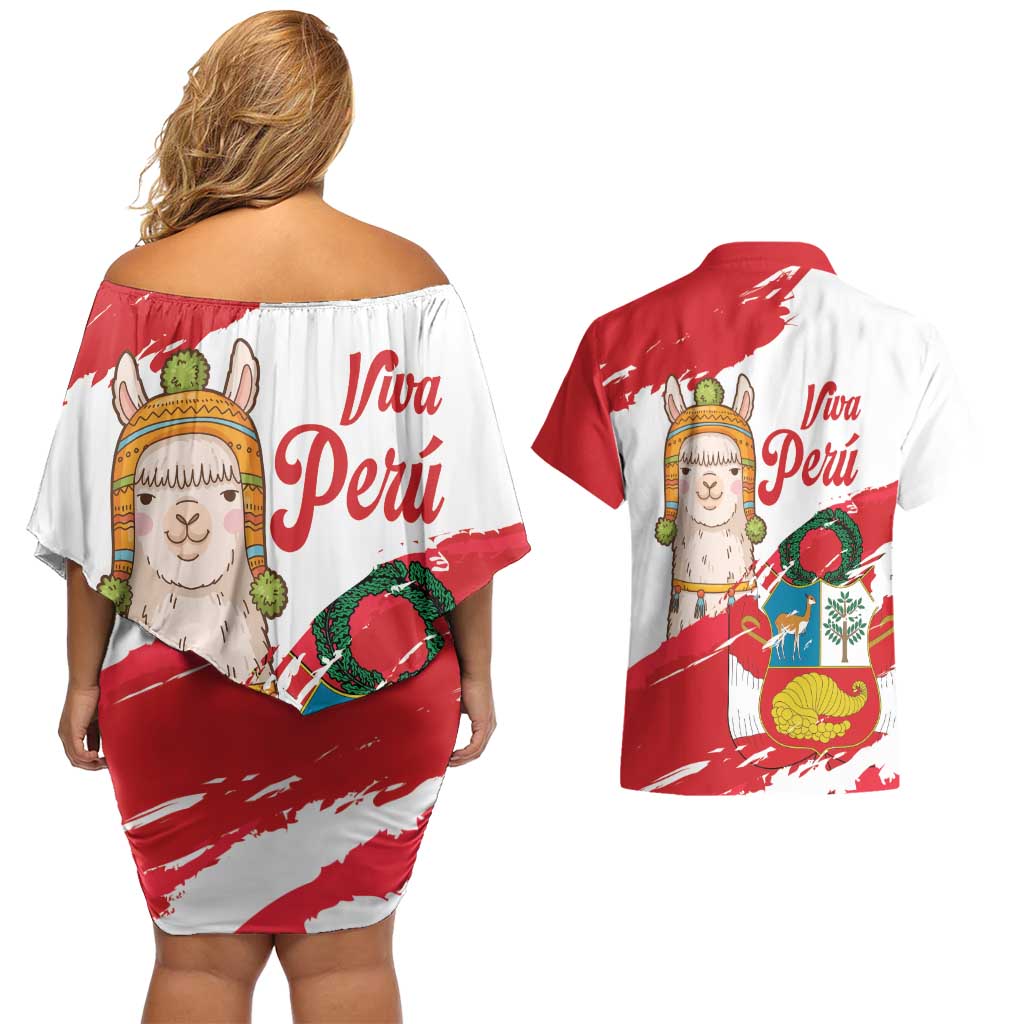 Fiestas Patrias de Peru Couples Matching Off Shoulder Short Dress and Hawaiian Shirt Coat Of Arms With Cute Alpaca Face