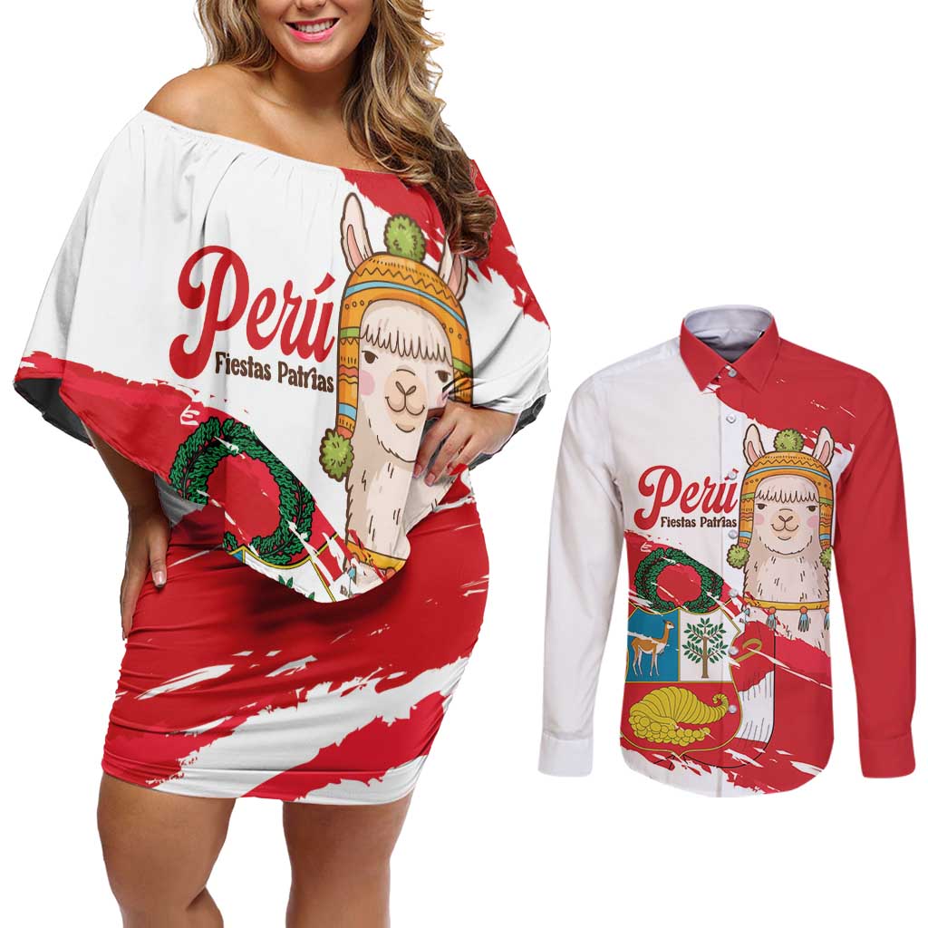 Fiestas Patrias de Peru Couples Matching Off Shoulder Short Dress and Long Sleeve Button Shirt Coat Of Arms With Cute Alpaca Face
