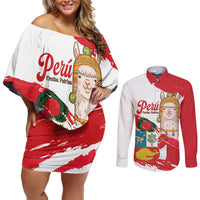Fiestas Patrias de Peru Couples Matching Off Shoulder Short Dress and Long Sleeve Button Shirt Coat Of Arms With Cute Alpaca Face