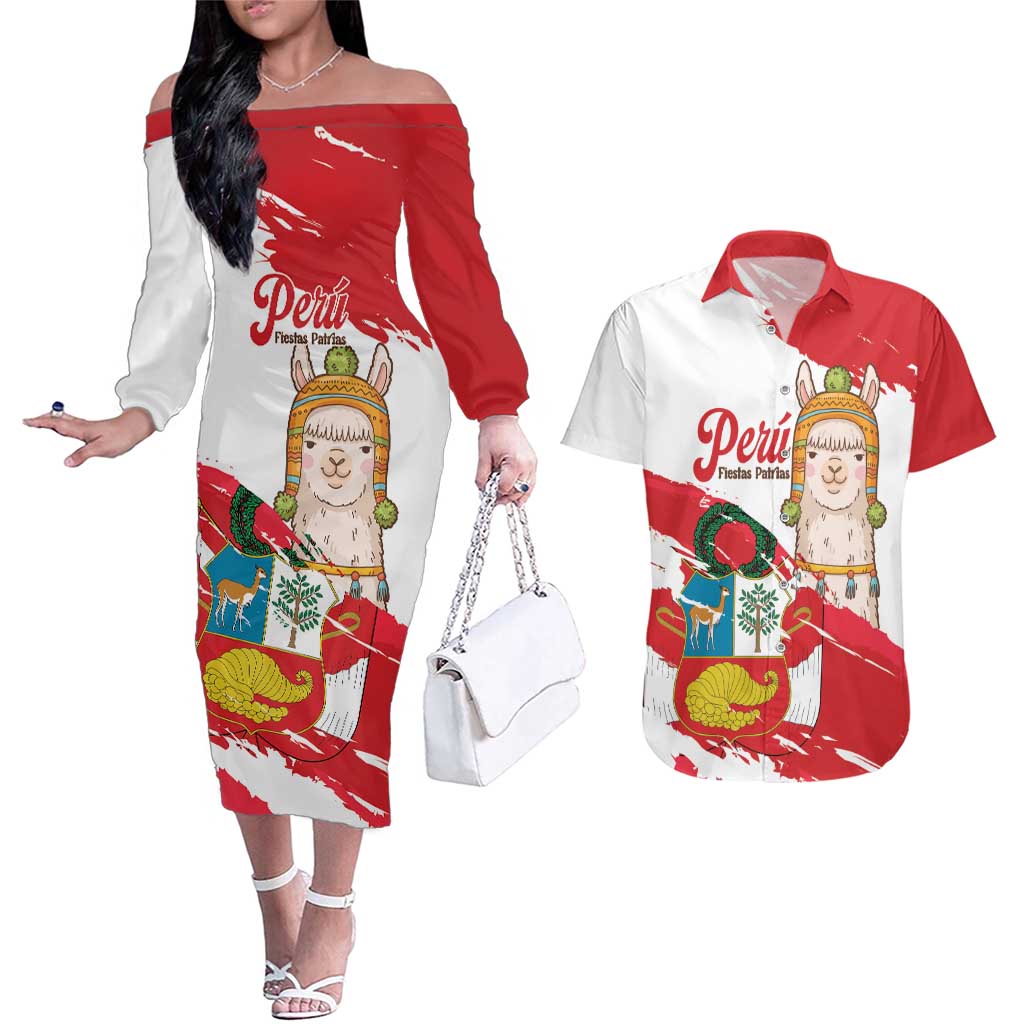 Fiestas Patrias de Peru Couples Matching Off The Shoulder Long Sleeve Dress and Hawaiian Shirt Coat Of Arms With Cute Alpaca Face