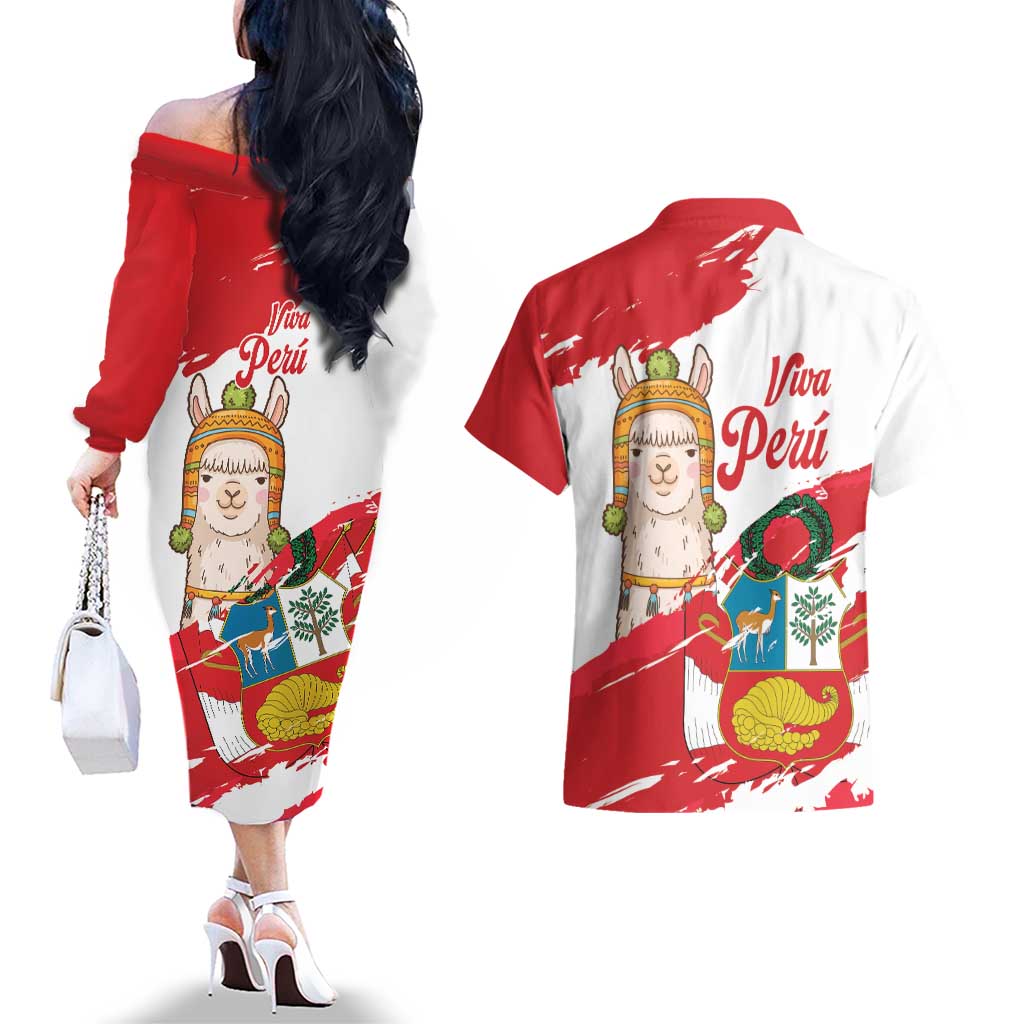 Fiestas Patrias de Peru Couples Matching Off The Shoulder Long Sleeve Dress and Hawaiian Shirt Coat Of Arms With Cute Alpaca Face