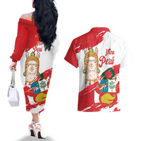 Fiestas Patrias de Peru Couples Matching Off The Shoulder Long Sleeve Dress and Hawaiian Shirt Coat Of Arms With Cute Alpaca Face