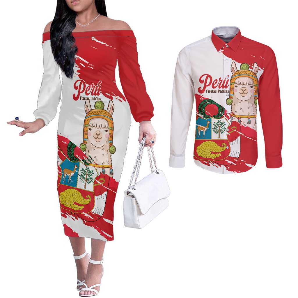 Fiestas Patrias de Peru Couples Matching Off The Shoulder Long Sleeve Dress and Long Sleeve Button Shirt Coat Of Arms With Cute Alpaca Face