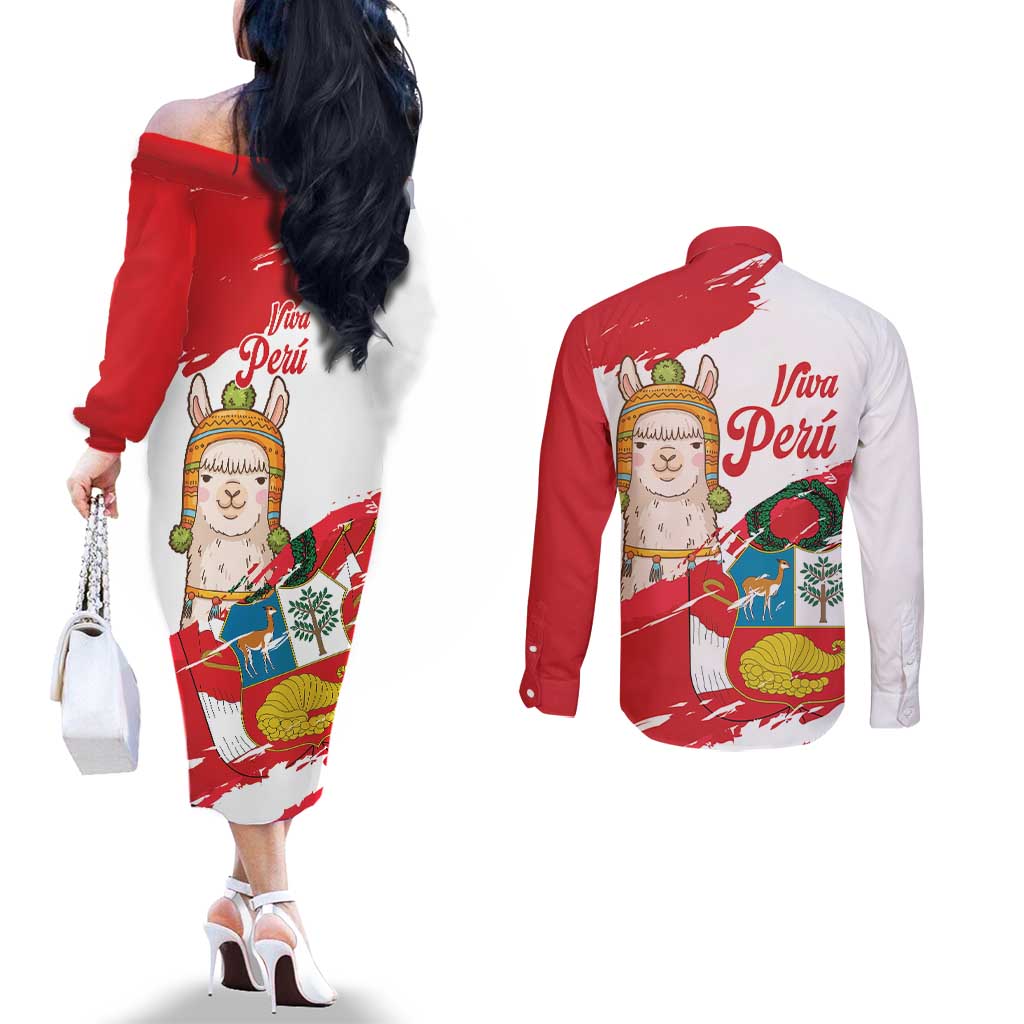 Fiestas Patrias de Peru Couples Matching Off The Shoulder Long Sleeve Dress and Long Sleeve Button Shirt Coat Of Arms With Cute Alpaca Face