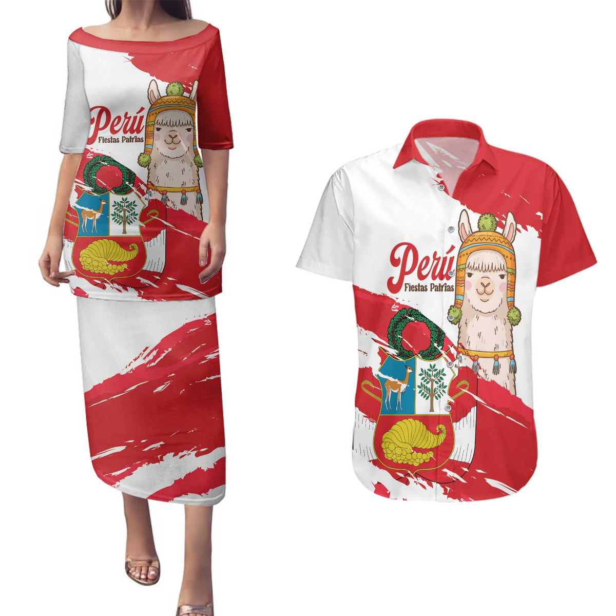 Fiestas Patrias de Peru Couples Matching Puletasi and Hawaiian Shirt Coat Of Arms With Cute Alpaca Face