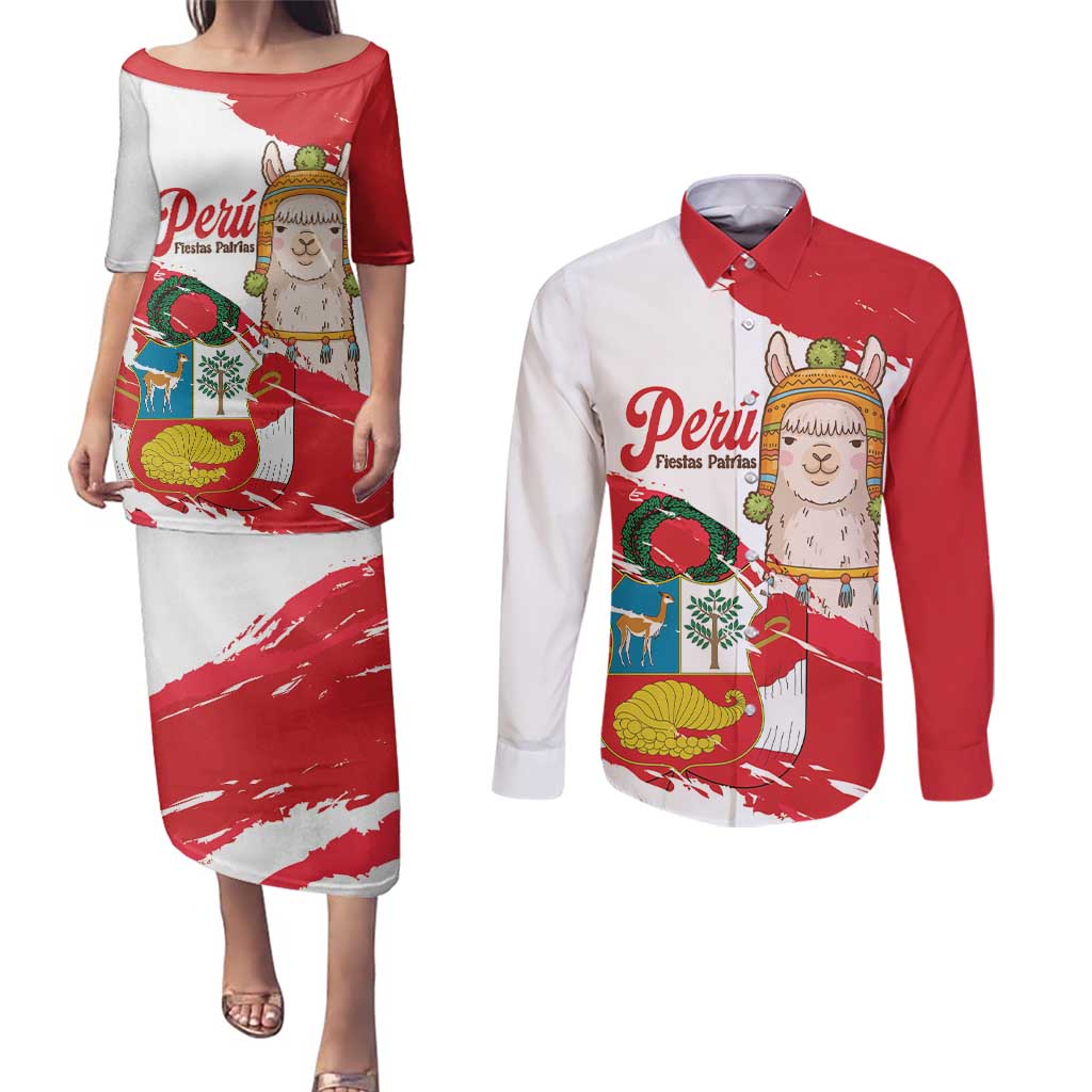 Fiestas Patrias de Peru Couples Matching Puletasi and Long Sleeve Button Shirt Coat Of Arms With Cute Alpaca Face