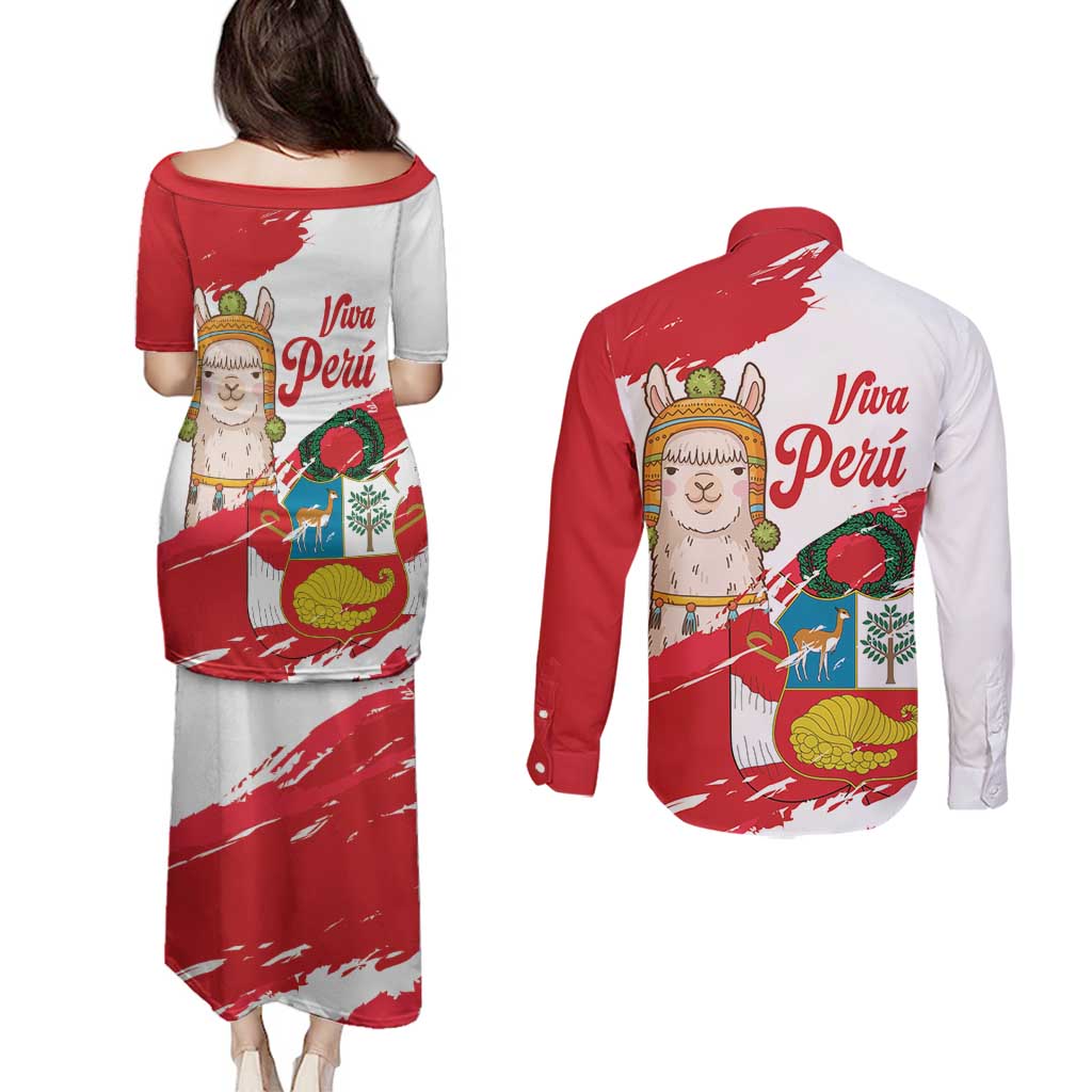 Fiestas Patrias de Peru Couples Matching Puletasi and Long Sleeve Button Shirt Coat Of Arms With Cute Alpaca Face