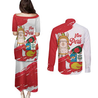 Fiestas Patrias de Peru Couples Matching Puletasi and Long Sleeve Button Shirt Coat Of Arms With Cute Alpaca Face