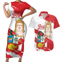 Fiestas Patrias de Peru Couples Matching Short Sleeve Bodycon Dress and Hawaiian Shirt Coat Of Arms With Cute Alpaca Face