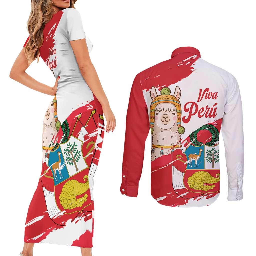 Fiestas Patrias de Peru Couples Matching Short Sleeve Bodycon Dress and Long Sleeve Button Shirt Coat Of Arms With Cute Alpaca Face