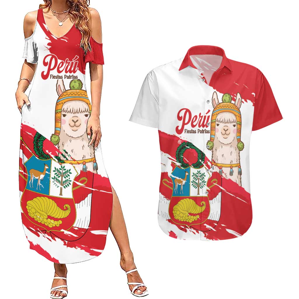 Fiestas Patrias de Peru Couples Matching Summer Maxi Dress and Hawaiian Shirt Coat Of Arms With Cute Alpaca Face