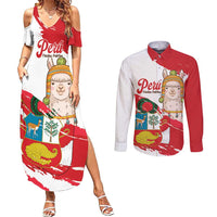 Fiestas Patrias de Peru Couples Matching Summer Maxi Dress and Long Sleeve Button Shirt Coat Of Arms With Cute Alpaca Face