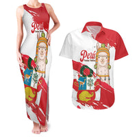 Fiestas Patrias de Peru Couples Matching Tank Maxi Dress and Hawaiian Shirt Coat Of Arms With Cute Alpaca Face
