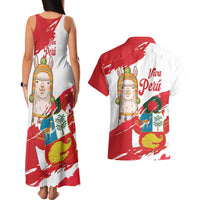 Fiestas Patrias de Peru Couples Matching Tank Maxi Dress and Hawaiian Shirt Coat Of Arms With Cute Alpaca Face