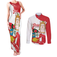 Fiestas Patrias de Peru Couples Matching Tank Maxi Dress and Long Sleeve Button Shirt Coat Of Arms With Cute Alpaca Face