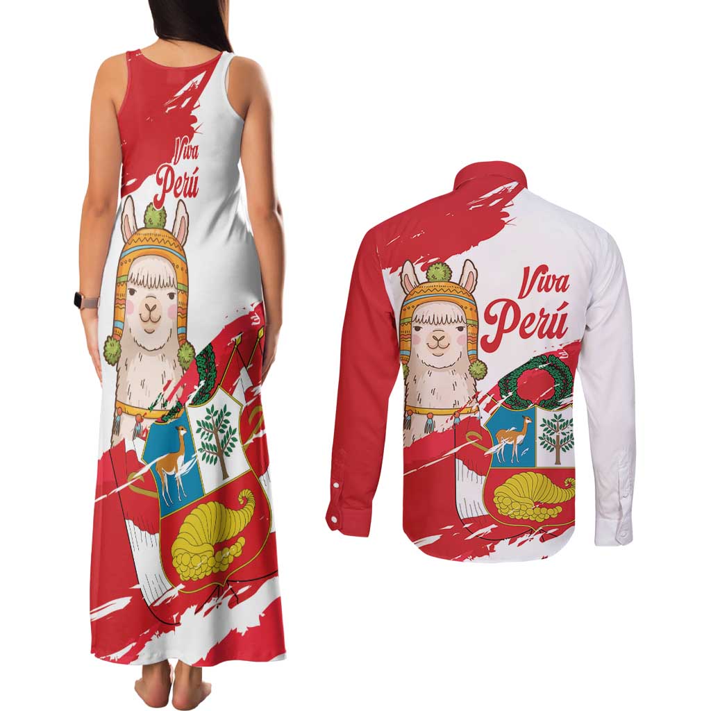 Fiestas Patrias de Peru Couples Matching Tank Maxi Dress and Long Sleeve Button Shirt Coat Of Arms With Cute Alpaca Face