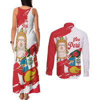 Fiestas Patrias de Peru Couples Matching Tank Maxi Dress and Long Sleeve Button Shirt Coat Of Arms With Cute Alpaca Face